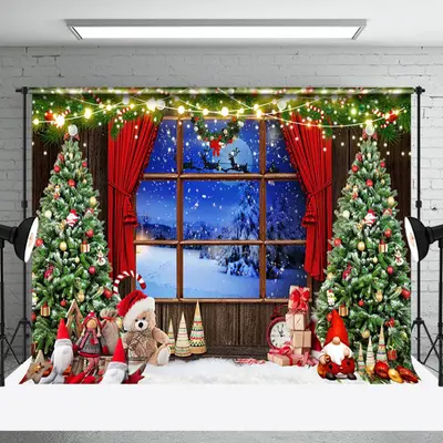 Aperturee Bear Doll Wood Window Night Snowfield Xmas Backdrop