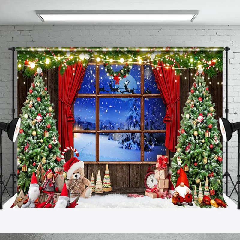 Aperturee Bear Doll Wood Window Night Snowfield Xmas Backdrop