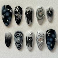 Chic Nail Studio Ghostcore Stars Press-On Nails, B&W Goth Aesthetic, Sparkles & Cartoon Ghosts, Alt Girl, Trendy 3D Press-Ons...