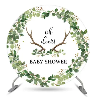 Aperturee Oh Deer Antlers Leaves Round Baby Shower Backdrop | Custom Round Backdrop Cover | Round Backdrop Baby Shower | Baby...