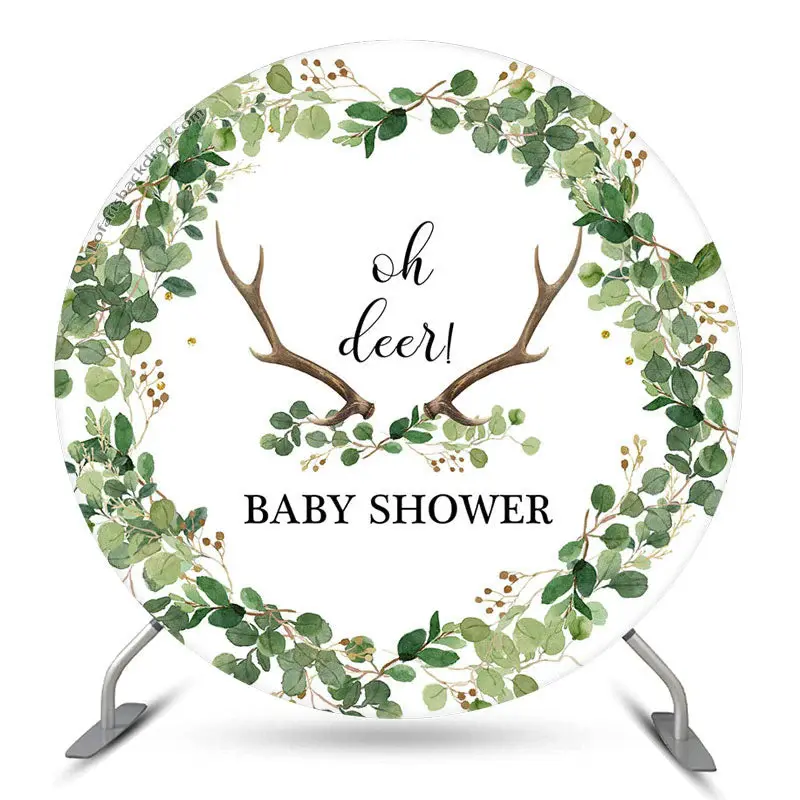 Aperturee Oh Deer Antlers Leaves Round Baby Shower Backdrop | Custom Round Backdrop Cover | Round Backdrop Baby Shower | Baby...