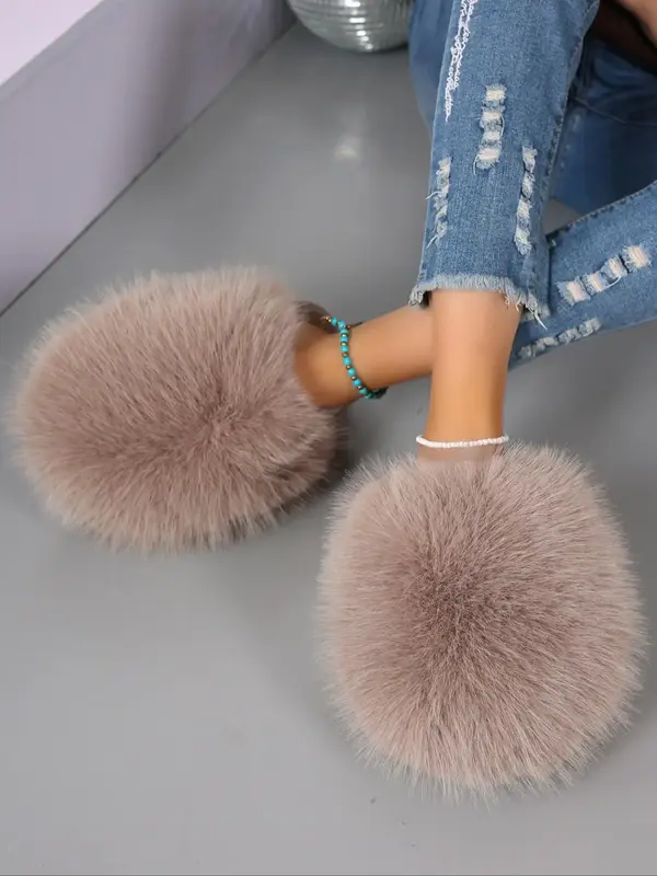 Women's Cute Plain Color Fluffy Plush Slippers, Elegant Fur Slippers, Women Soft Cushioned Slippers, Casual Soft Home Bathroo...