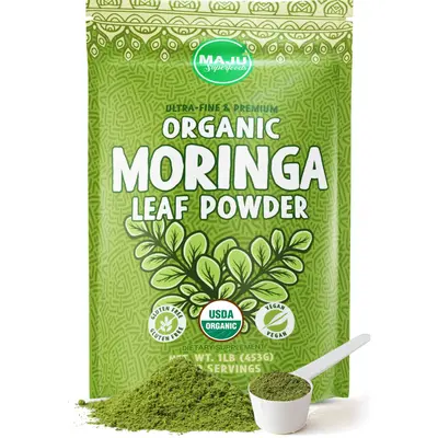 MAJU Leaf Organic Moringa Powder (1lb), Non-GMO and Raw, Shade Dried for Highest Nutrients, Add to Mixed Beverages Natural Su...