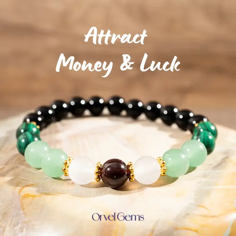 Abundance & Luck Crystal Bracelet – Malachite, White Jade, Garnet, Aventurine & Black Tourmaline | Handmade Gemstone Jewelr...