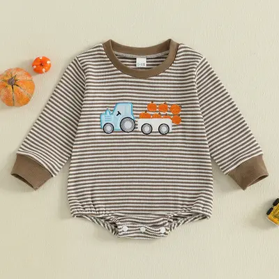 Infant Baby Boy Halloween Sweatshirt Romper Casual Trucker Pumpkin Embroidery Striped Long Sleeve Jumpsuit Thanksgiving