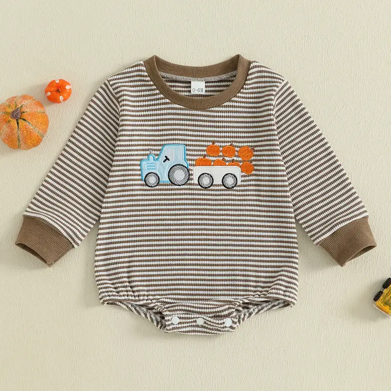 Infant Baby Boy Halloween Sweatshirt Romper Casual Trucker Pumpkin Embroidery Striped Long Sleeve Jumpsuit Thanksgiving