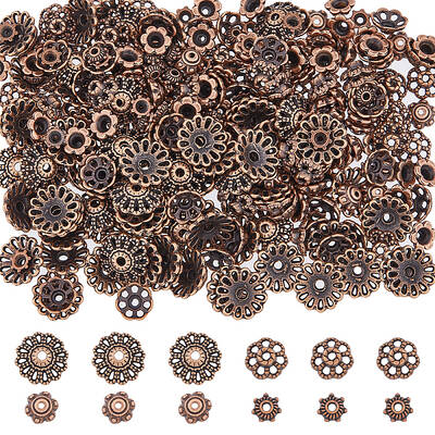 DICOSMETIC 320pcs Beads Caps Tibetan Style Alloy Flower End Caps 4 Size Red Copper Filigree Caps for DIY Necklace Bracelet