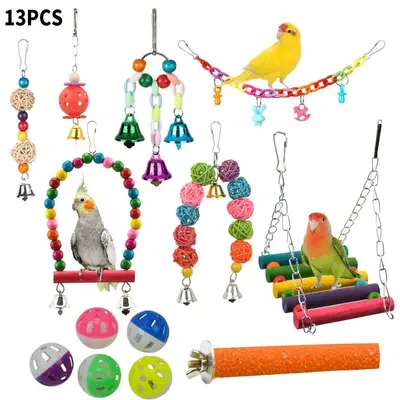 Random Color Parrot Toy, 13pcs/set Bird Chewing Toy Include Bird Swing, Perch, Stand, Bell, Hanging Hammock, Bird Cage Toy Su...