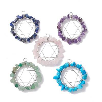 5Pcs 5 Styles Natural & Synthetic Mixed Gemstone Chip Copper Wire Wrapped Pendants