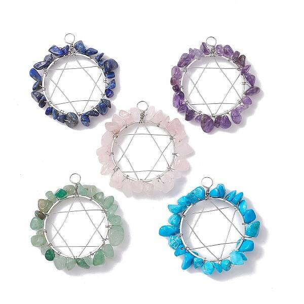 5Pcs 5 Styles Natural & Synthetic Mixed Gemstone Chip Copper Wire Wrapped Pendants