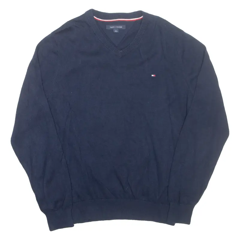 TOMMY HILFIGER Mens Jumper Blue V-Neck Tight Knit S