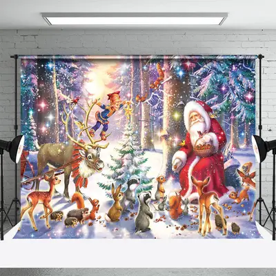 Santa Animals Forest Snow Christmas Holiday Backdrop - Aperturee