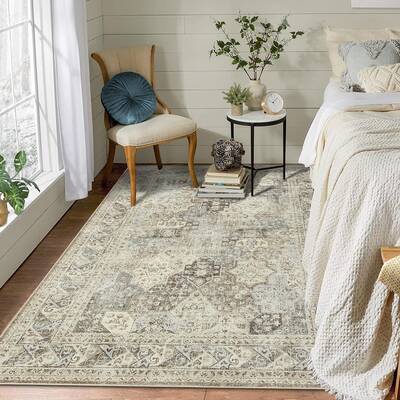 Garvee Vintage Washable Rug - Neutral Low-Pile Foldable Farmhouse Carpet for Bedroom, Living Room, Dining Room, Office, or Ki...
