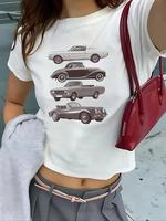Women's Car Print Round Neck Crop Tee, Vintage Trendy Casual Short Sleeve T-shirt for Daily Wear, Ladies Summer Tops, Womensw...