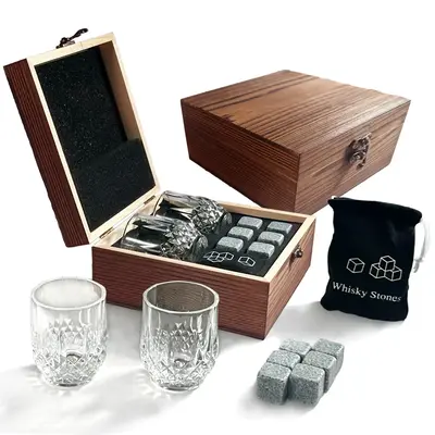 Whisky Stone & Glass Cup Gift Set, 1 Set Whisky Stone with Wooden Box & Storage Bag, Travel Accessories, Bar Accessories for ...