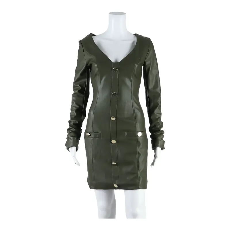 GUESS Womens Bodycon Dress Green Faux Leather Long Sleeve Knee Length S