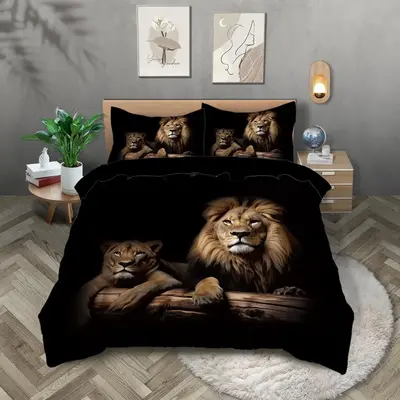 Lion Print Duvet Cover Set without Fillers, 3 Counts/set Including 1 Duvet Cover & 2 Pillowcases, Soft Comfortable Bedding Se...