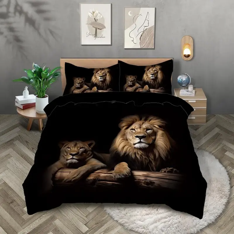 Lion Print Duvet Cover Set without Fillers, 3 Counts/set Including 1 Duvet Cover & 2 Pillowcases, Soft Comfortable Bedding Se...