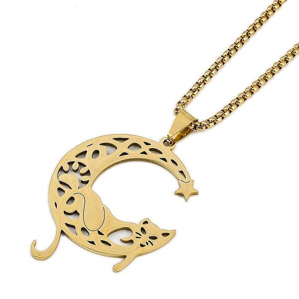 304 Stainless Steel Hollow Moon Cat Shaped Pendant Box Chain Necklaces