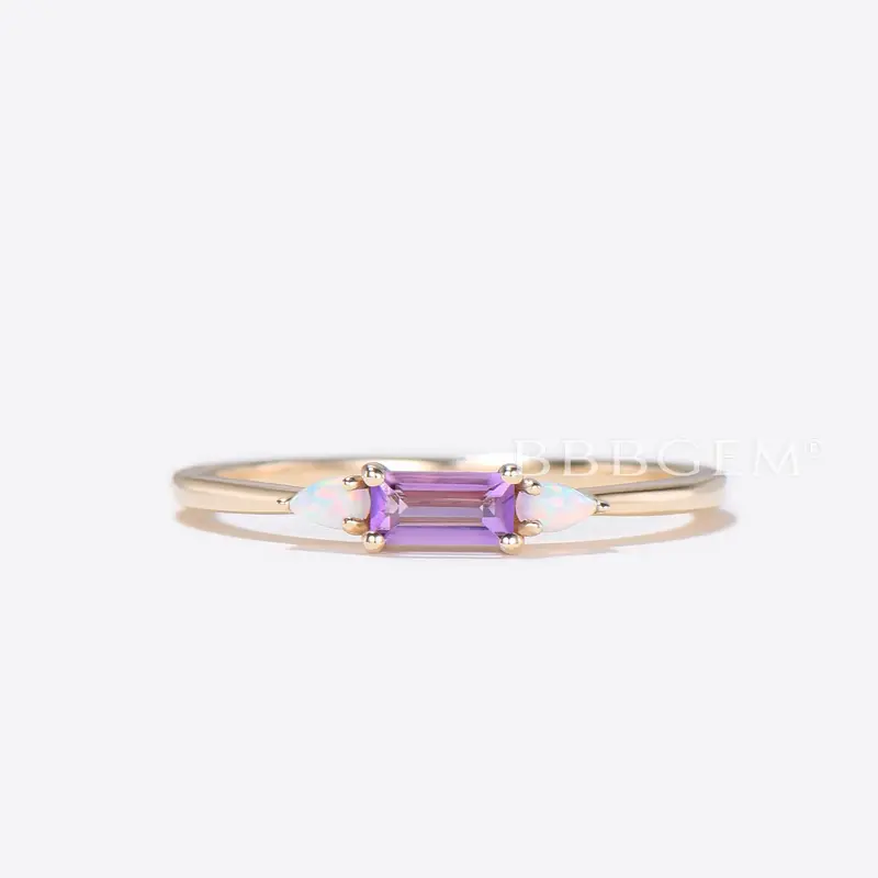 Baguette Cut Amethyst Wedding Band Three Stone Everyday Band for Family/Mom/Best Friend