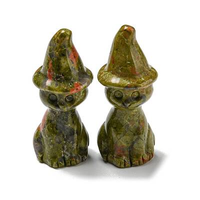 Natural Unakite Carved Healing Cat with Witch Hat Figurines