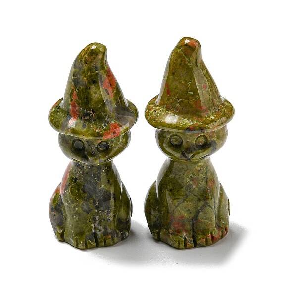 Natural Unakite Carved Healing Cat with Witch Hat Figurines
