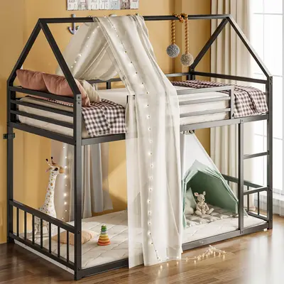 LIKIMIO Bunk Bed Twin Over Twin, House Bunk Bed Frame with Ladder and Guardrail, House Shaped with Metal Slats for Dormitory ...