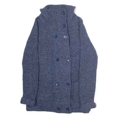 LAURA ASHLEY Womens Cardigan Blue Check High Neck Chunky Knit Wool UK 10