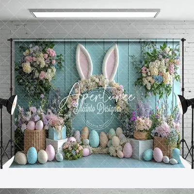Aperturee Green Wall Floral Bunny Ear Eggs Easter Backdrop, 3X2FT(1MX0.6M), 14 USD, easter backdrops, ENHD3J57-M