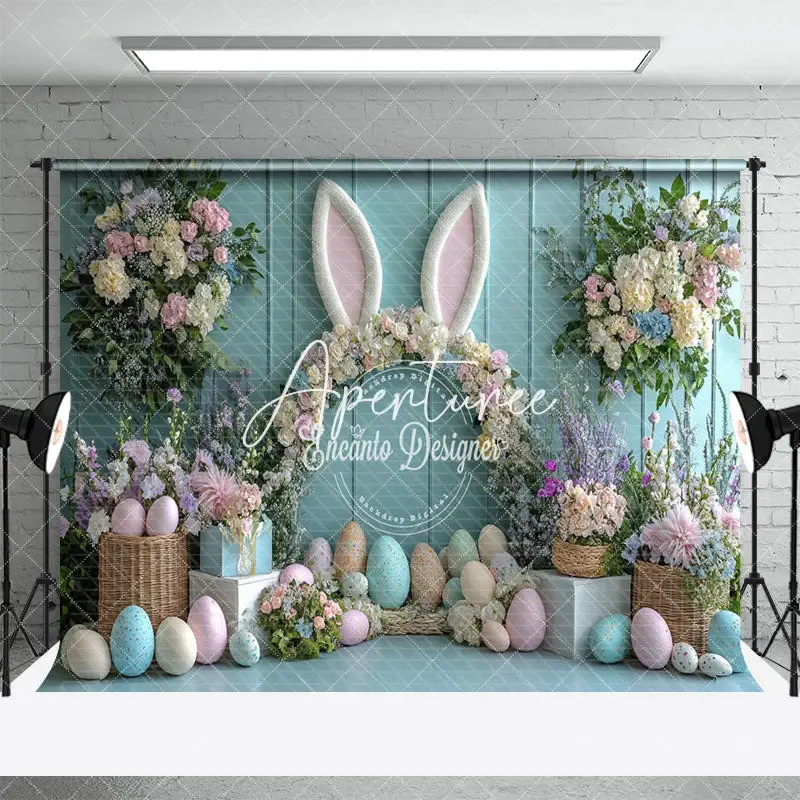 Aperturee Green Wall Floral Bunny Ear Eggs Easter Backdrop, 3X2FT(1MX0.6M), 14 USD, easter backdrops, ENHD3J57-M