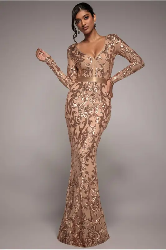 Goddiva Embroidered Sequin & Mesh Maxi Dress - Champagne