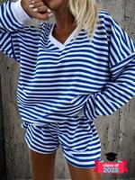 Two-piece Set Women's Striped Print Longsleeves Top & Elastic Waist Shorts Loungewear, Casual V Neck Long Sleeve Top & Shorts...