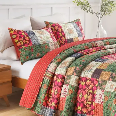 2/3 pcs Patchwork All Season Bedspreads Set Soft Floral Coverlet Bedding Set with Plaid Printed Pattern Reversible Boho Quilt...