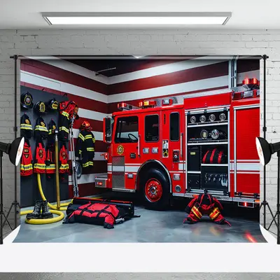 Red Fire Truck Suit Stripe Wall Cake Smash Backdrop