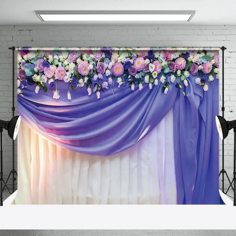 Purple Floral Curtain Valentines Day Photo Backdrop - Aperturee