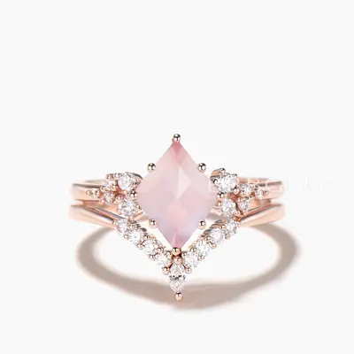 Rhomboid Kite Cut Natural Rose Quartz Engagement Ring Diamond Bridal Set