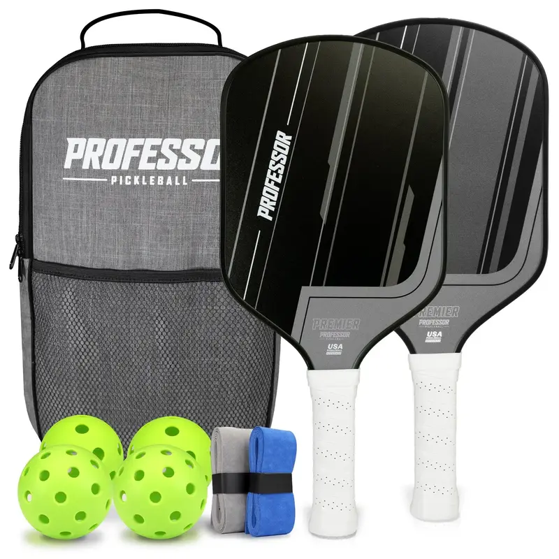 Professor Premier Pickleball Paddle Set of 2 Fiberglass Paddles, 4 Balls, Carrying Bag & Grips - 2025 USAPA Approved