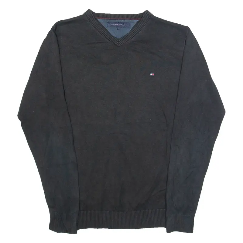 TOMMY HILFIGER Mens Jumper Black V-Neck Tight Knit S