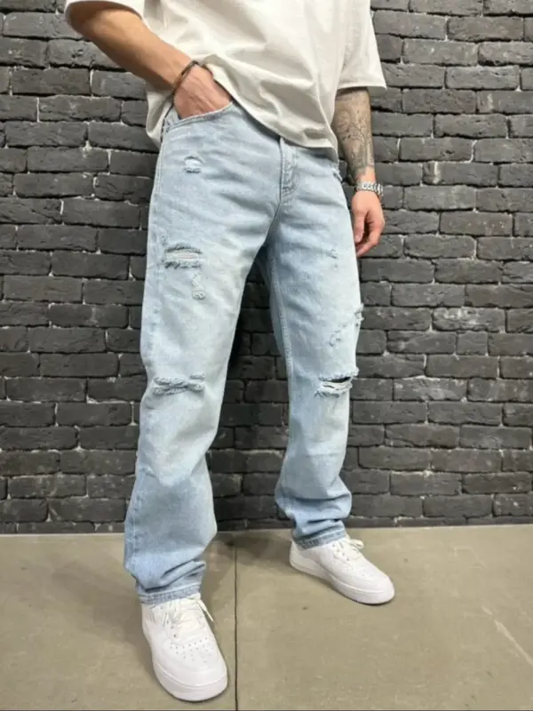 Men's Button Fly Straight Leg Jeans, Casual Comfy Pocket Denim Pants for Daily Wear, Comfortable Ripped Jeans, Woven Bottoms ...
