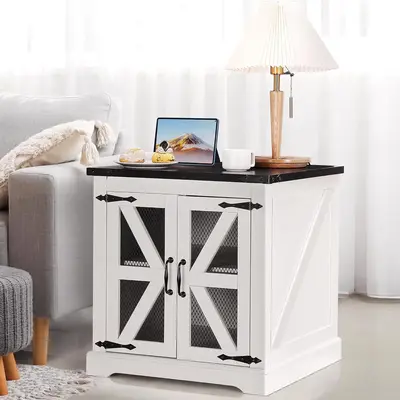 Lynxor White Farmhouse End Table with Charging Station, 24\