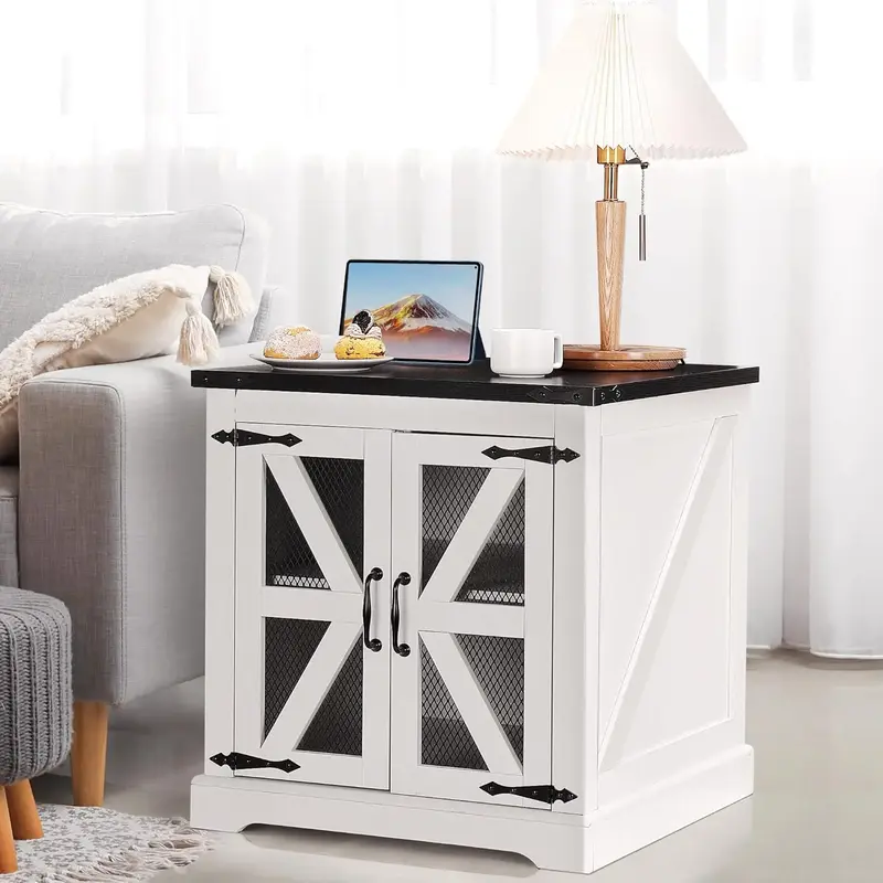 Lynxor White Farmhouse End Table with Charging Station, 24\