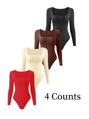 Women's Solid Square Neck Long Sleeve Shapewear Bodysuit, Casual Comfy Tummy Control Shaper for Daily Wear, Ladies Shapewear ...