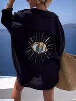 Women's Sun & Eye Print Button Front Drop Shoulder Blouse, Casual Long Sleeve Collared Top for Daily Wear, Ladies Clothes for...