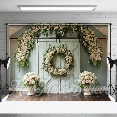 Green Barn Door Wreath Decoration Photo Backdrop - Aperturee