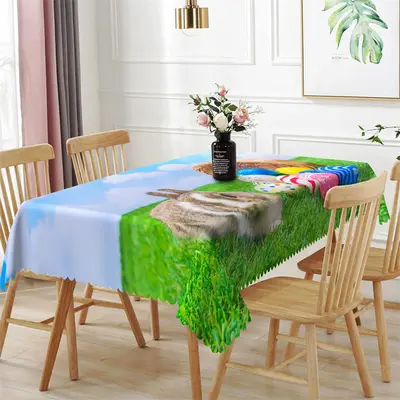 Woven Frame Bunny Colorful Eggs Easter Tablecloth - Aperturee
