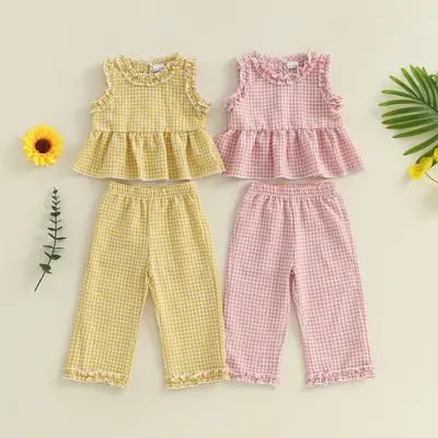 Toddler Baby Girl Pants Set Plaid Frill Trim Sleeveless Ruffle Tank Tops Elastic Waist Pants 2 Piece Outfit