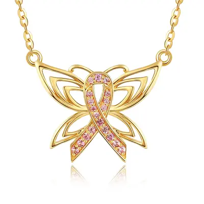 14K Two-tone Circular Cubic Zirconia Butterfly & Breast Cancer Pendant Necklace