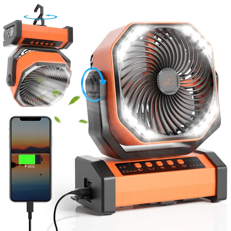 Desk Fan 20000mAh Camping Fan with LED Light, Auto-Oscillating Desk Fan with Remote & Hook, 4 Speeds USB Fan for Camp Travel,...