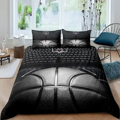Basketball Print Duvet Cover Set, 1 Count Duvet Cover & 2 Counts Pillowcases without Filler, Soft Comfortable Bedding Set for...