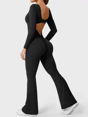 Women's Solid Backless Scoop Neck Flare Leg Sports Jumpsuit, Casual Comfy High Stretch Seamless Bell Bottom Jumpsuit for Yoga...